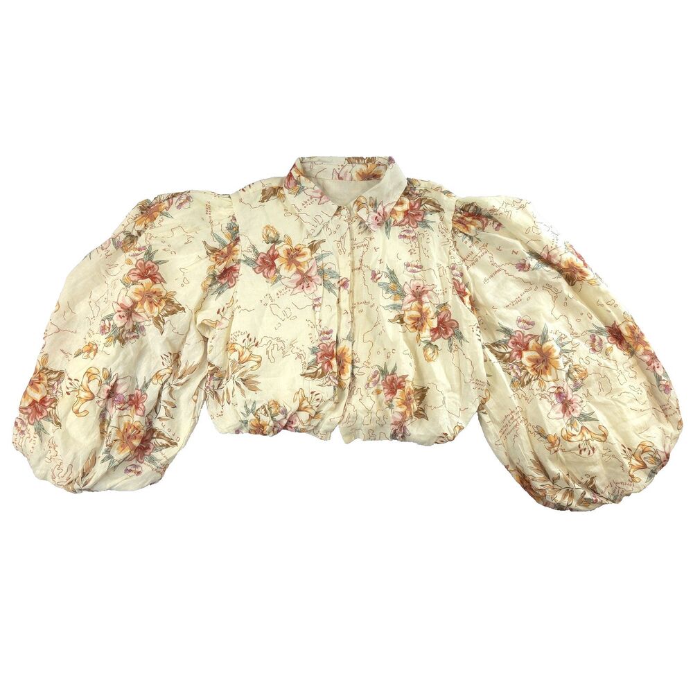 Calypso St Barth Linen Bubble Hem Puff Sleeve Cropped Top L Prairie Cottage